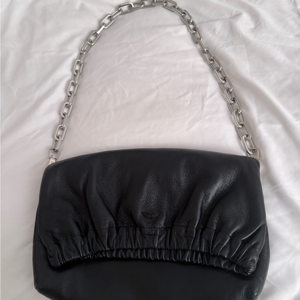 Zadig & Voltaire Black Leather Clutch with Silver Chain NEW